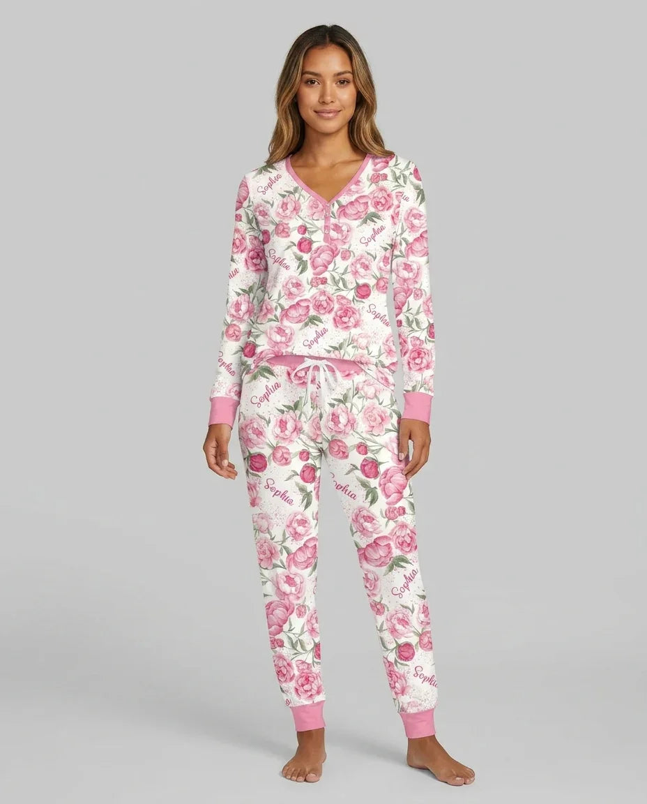 Custom Name Birth Month Flowers Bamboo Women Pajama Set