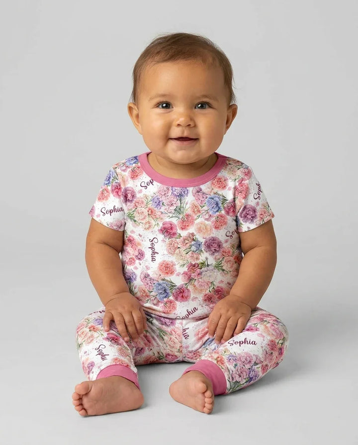 Custom Name Birth Month Flowers Bamboo Two Piece Short Sleeve Pajama Set