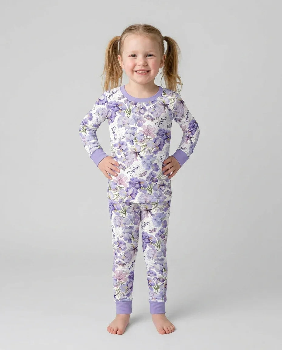 Custom Name Birth Month Flowers Bamboo Two Piece Long Sleeve Pajama Set