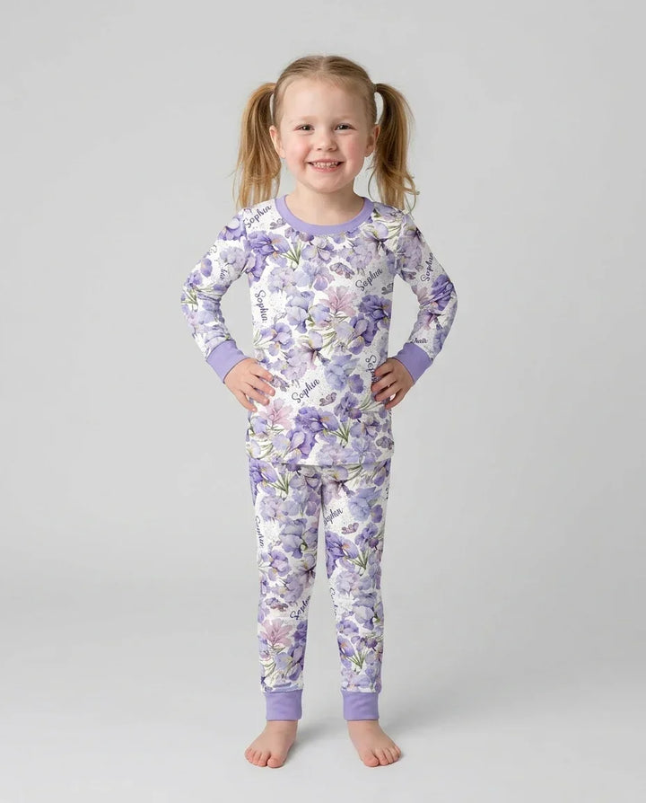 Custom Name Birth Month Flowers Bamboo Two Piece Long Sleeve Pajama Set