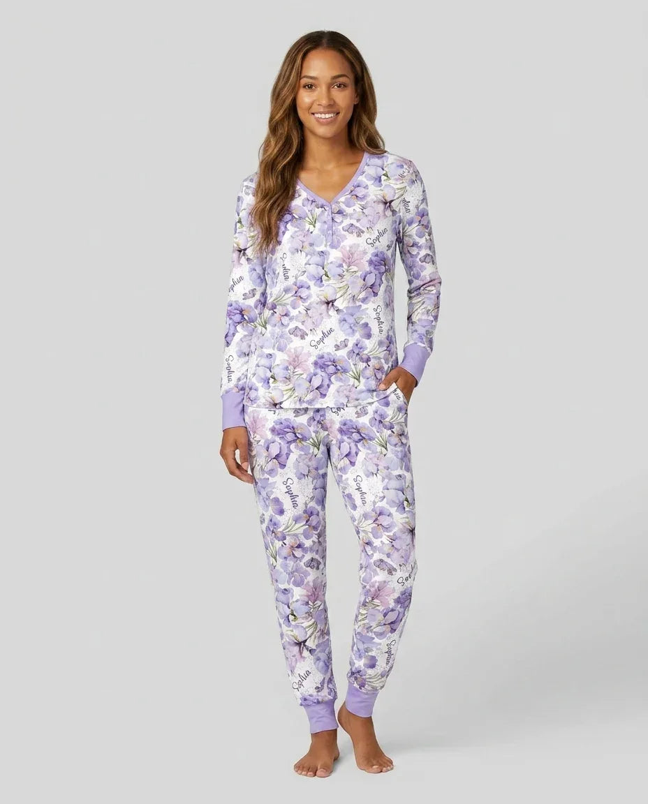 Custom Name Birth Month Flowers Bamboo Women Pajama Set