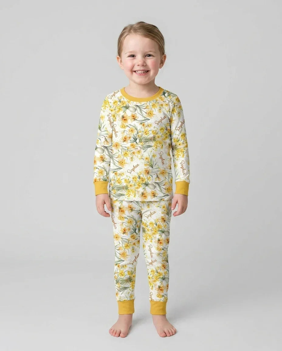 Custom Name Birth Month Flowers Bamboo Two Piece Long Sleeve Pajama Set