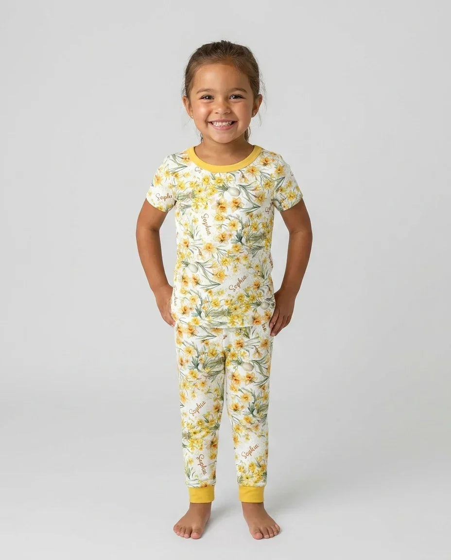 Custom Name Birth Month Flowers Bamboo Two Piece Short Sleeve Pajama Set