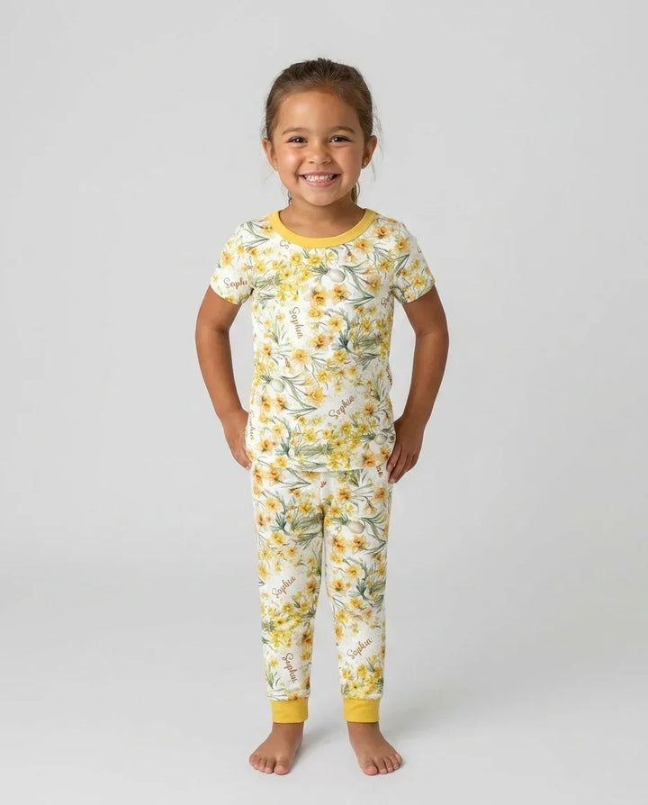 Custom Name Birth Month Flowers Bamboo Two Piece Short Sleeve Pajama Set