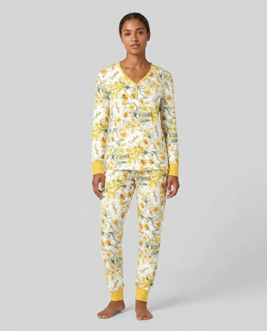Custom Name Birth Month Flowers Bamboo Women Pajama Set