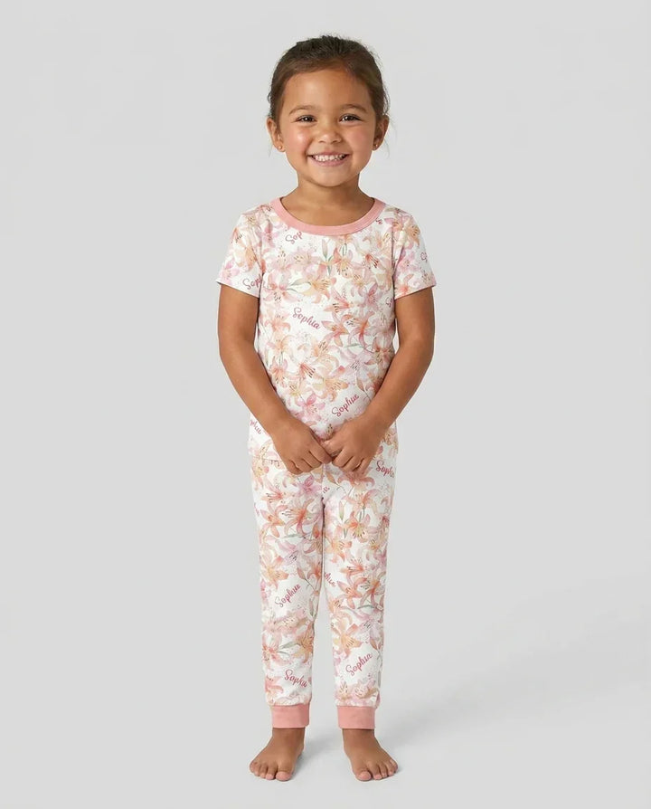 Custom Name Birth Month Flowers Bamboo Two Piece Short Sleeve Pajama Set