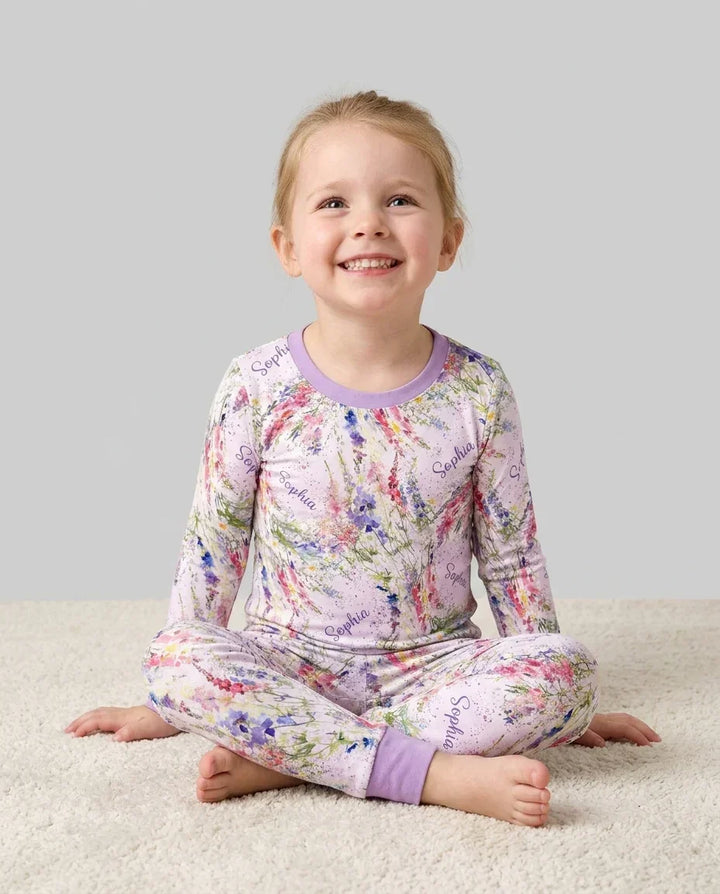 Custom Name Birth Month Flowers Bamboo Two Piece Long Sleeve Pajama Set