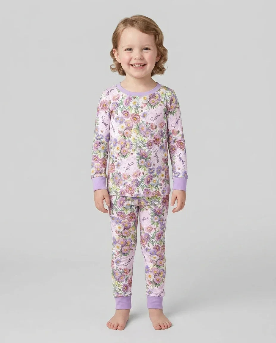 Custom Name Birth Month Flowers Bamboo Two Piece Long Sleeve Pajama Set