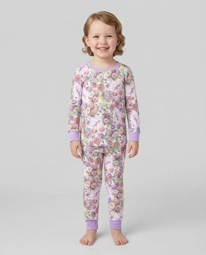 Custom Name Birth Month Flowers Bamboo Two Piece Long Sleeve Pajama Set