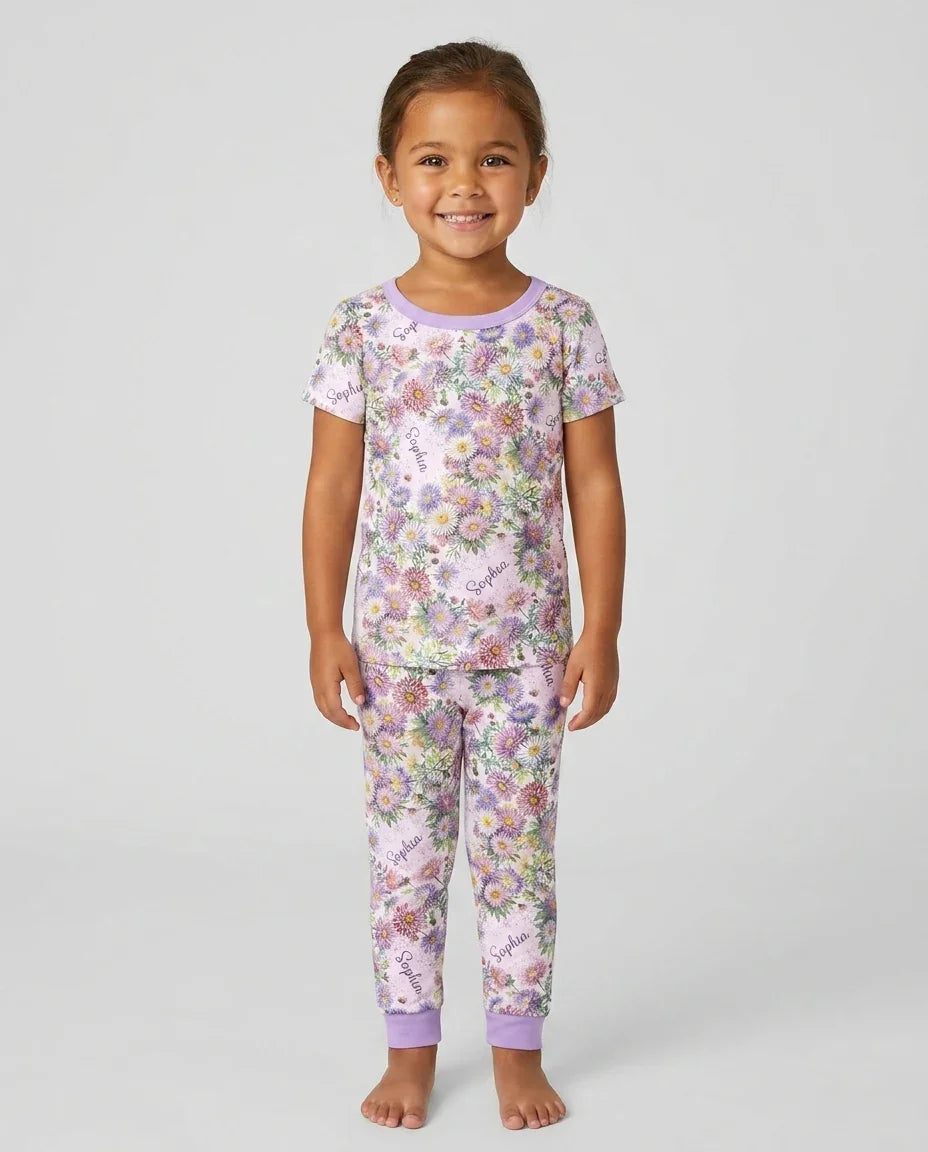 Custom Name Birth Month Flowers Bamboo Two Piece Short Sleeve Pajama Set