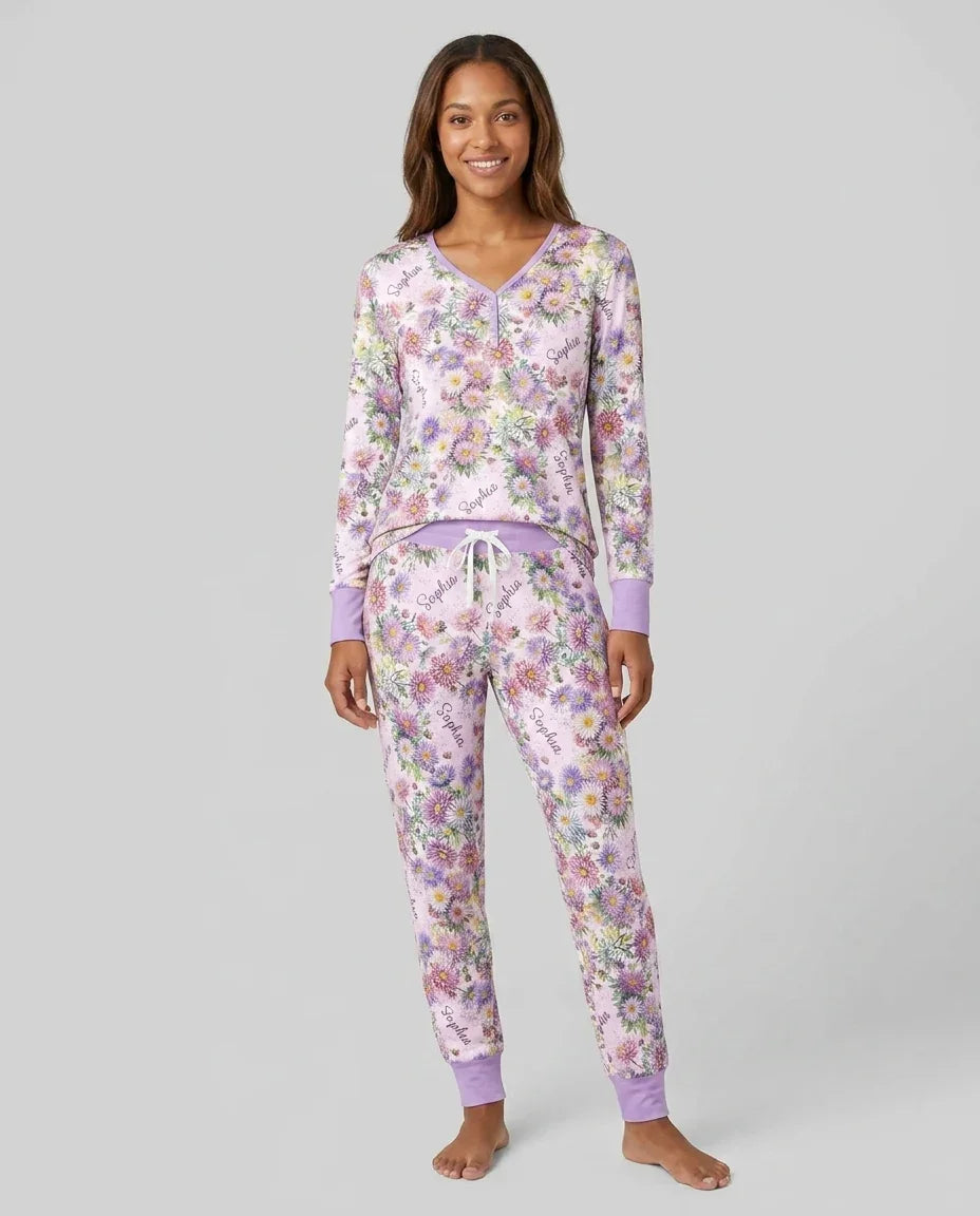 Custom Name Birth Month Flowers Bamboo Women Pajama Set