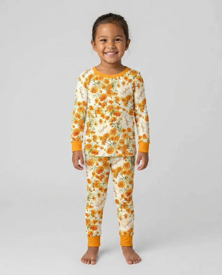 Custom Name Birth Month Flowers Bamboo Two Piece Long Sleeve Pajama Set
