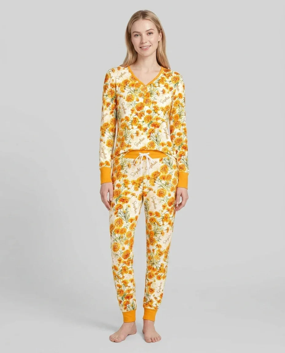 Custom Name Birth Month Flowers Bamboo Women Pajama Set