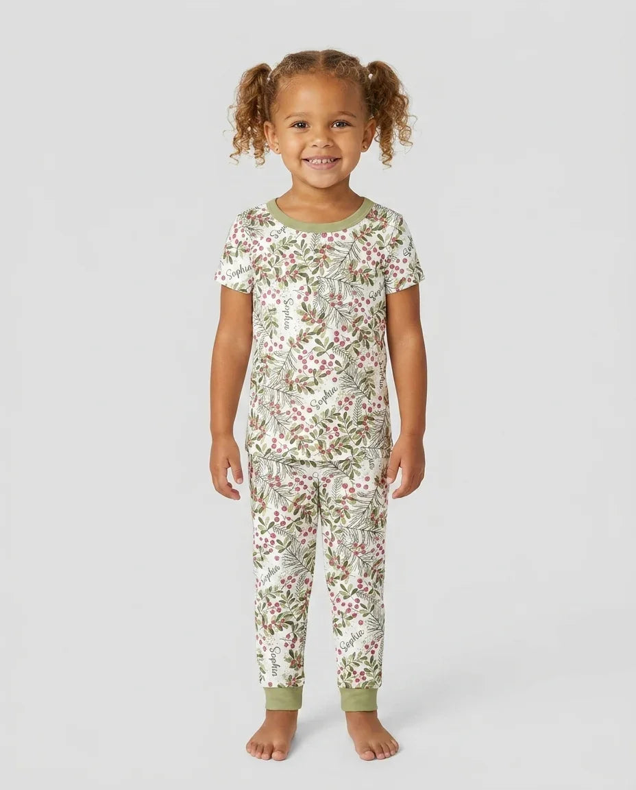Custom Name Birth Month Flowers Bamboo Two Piece Short Sleeve Pajama Set