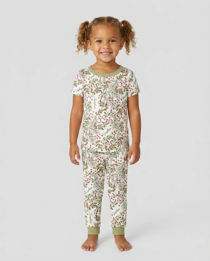 Custom Name Birth Month Flowers Bamboo Two Piece Short Sleeve Pajama Set