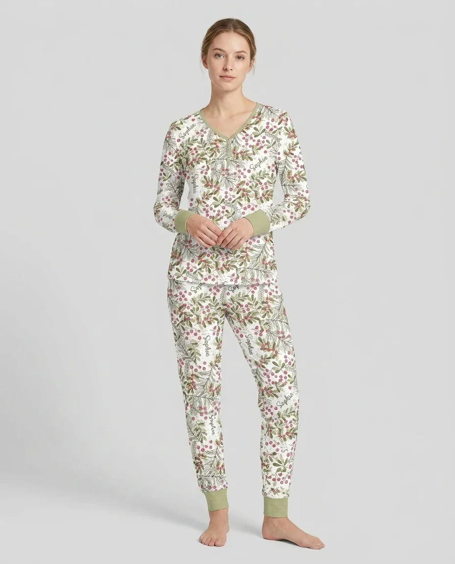 Custom Name Birth Month Flowers Bamboo Women Pajama Set