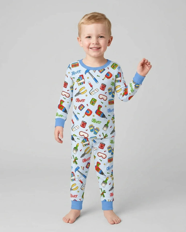 Custom Name Dad & Me Fixer Crew Bamboo Two Piece Long Sleeve Pajama Set