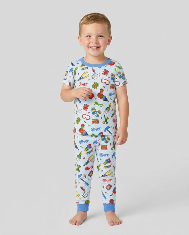 Custom Name Dad & Me Fixer Crew Bamboo Two Piece Short Sleeve Pajama Set