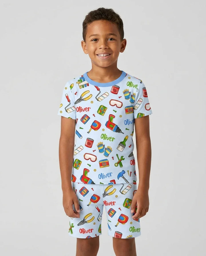 Custom Name Dad & Me Fixer Crew Bamboo Two Piece Short Sleeve Shorts Pajama Set