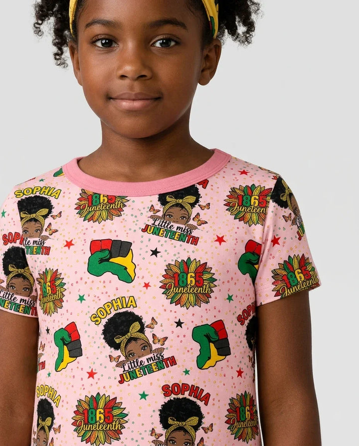 Custom Name Little Miss Juneteenth Bamboo Two Piece Short Sleeve Pajama Set