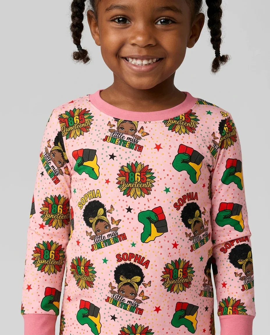 Custom Name Little Miss Juneteenth Bamboo Two Piece Long Sleeve Pajama Set