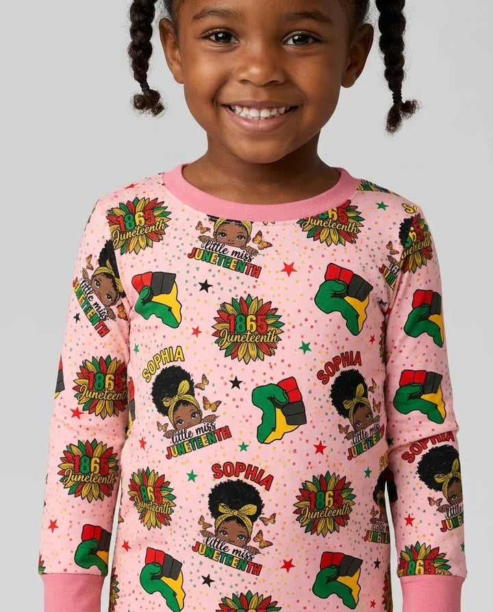 Custom Name Little Miss Juneteenth Bamboo Two Piece Long Sleeve Pajama Set