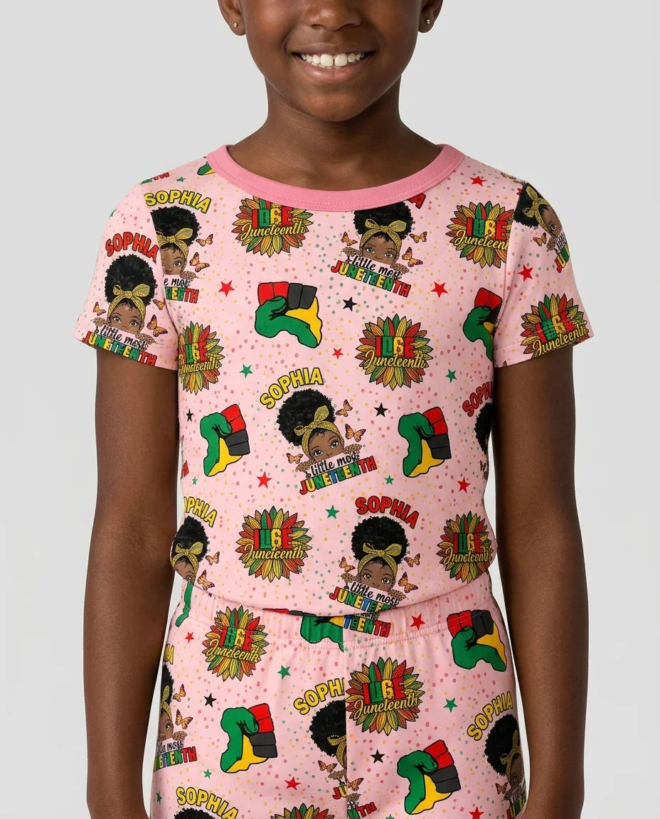 Custom Name Little Miss Juneteenth Bamboo Two Piece Short Sleeve Pajama Set