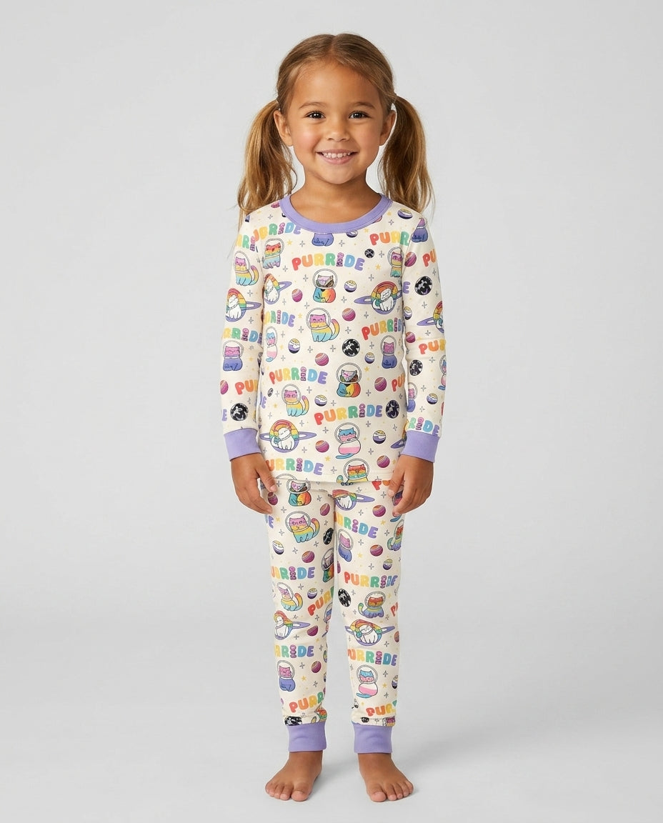 Rainbow Space Cats Family Matching Bamboo Two Piece Long Sleeve Pajama Set