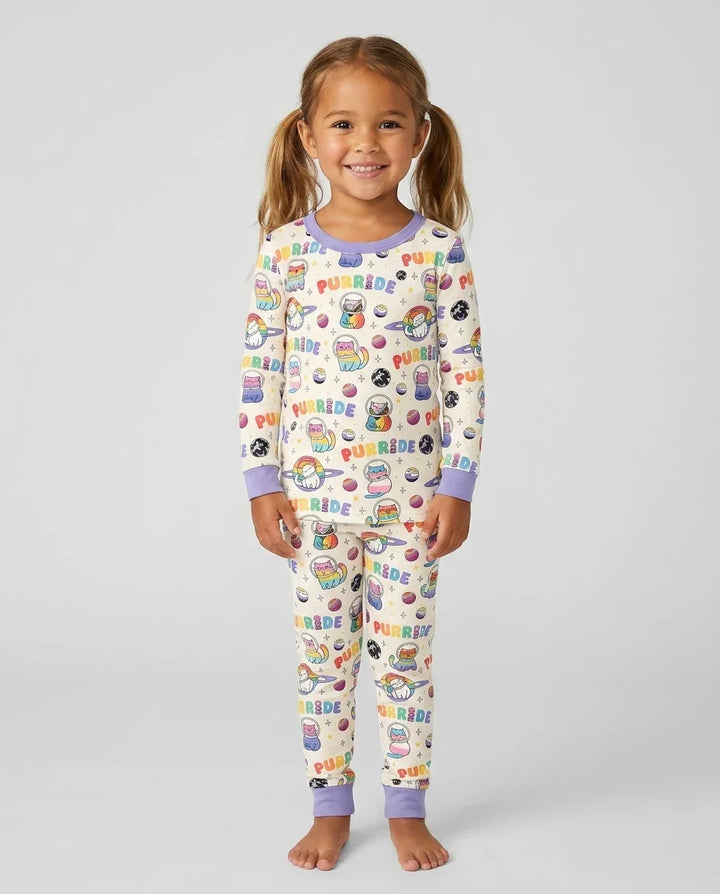 Rainbow Space Cats Family Matching Bamboo Two Piece Long Sleeve Pajama Set