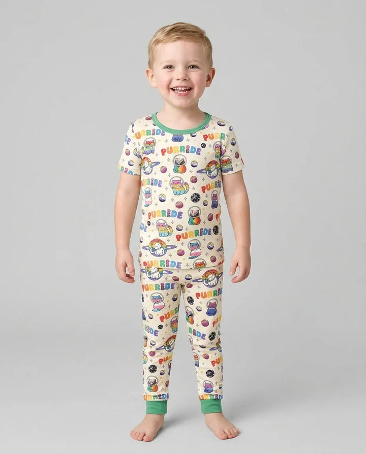 Rainbow Space Cats Family Matching Bamboo Two Piece Short Sleeve Pajama Set