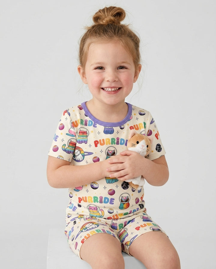 Rainbow Space Cats Family Matching Bamboo Two Piece Short Sleeve Shorts Pajama Set