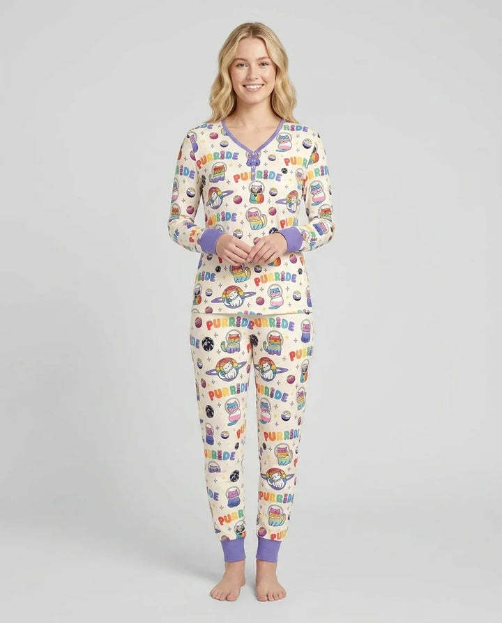 Rainbow Space Cats Family Matching Bamboo Women Pajama Set