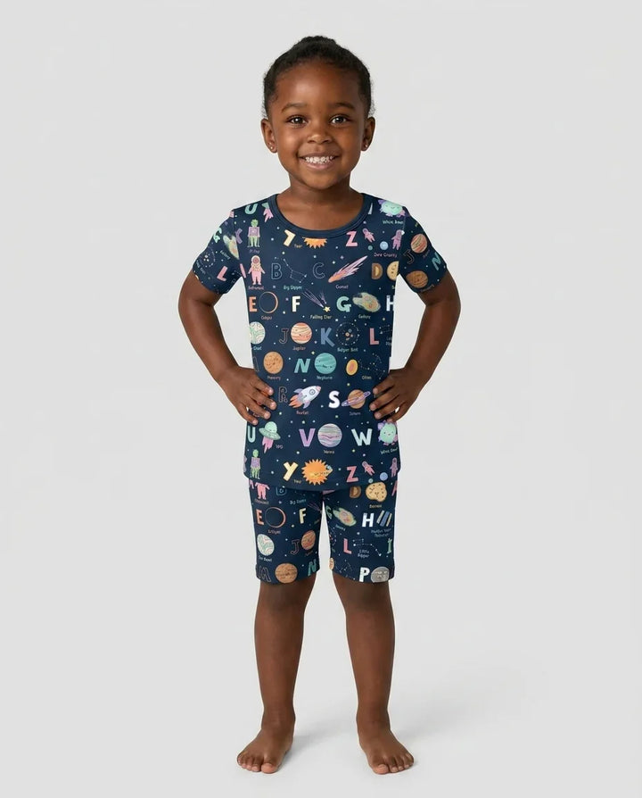 Space Alphabet Bamboo Two Piece Short Sleeve Shorts Pajama Set