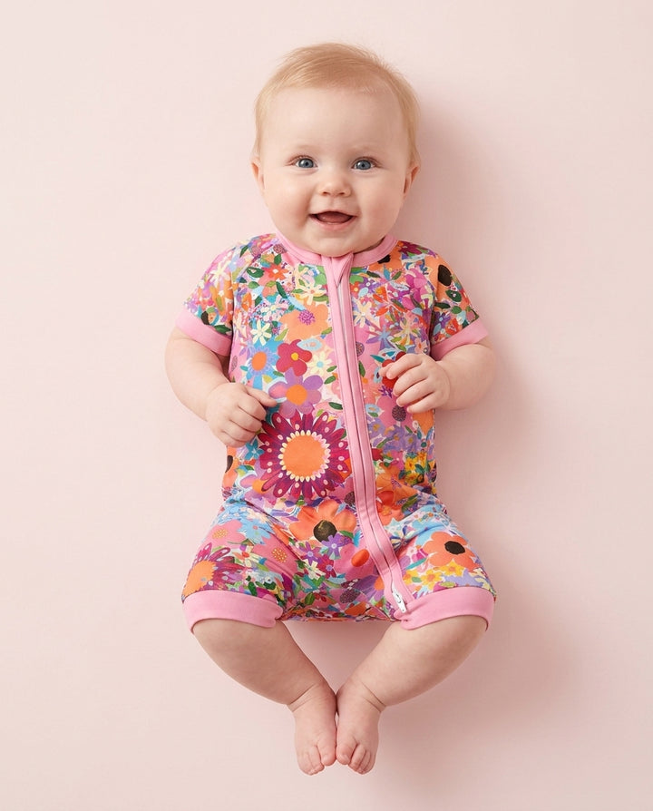 Rainbow Blooms Bamboo Shorty Zippered Romper