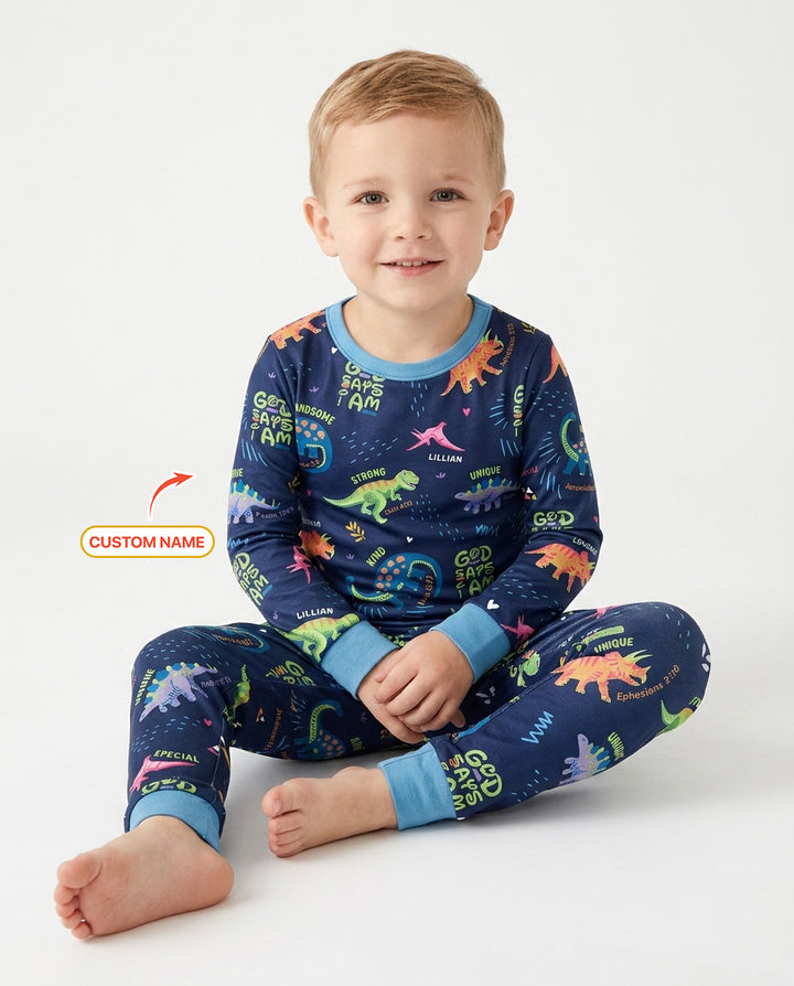 Custom Name God says I am Dinosaur Bamboo Two Piece Long Sleeve Pyjamas Set