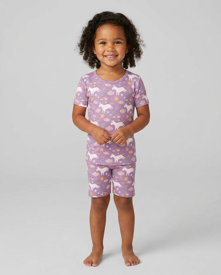 Purple Unicorns Bamboo Two Piece Short Sleeve Shorts Pyjamas Set
