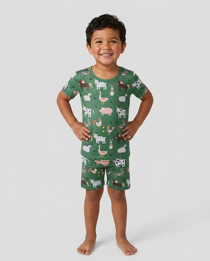 Green Farm Animals Bamboo Two Piece Short Sleeve Shorts Pyjamas Set
