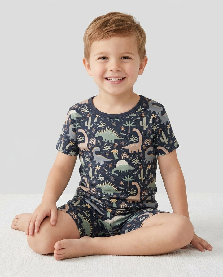 Navy Jurassic Jungle Bamboo Two Piece Short Sleeve Shorts Pyjamas Set