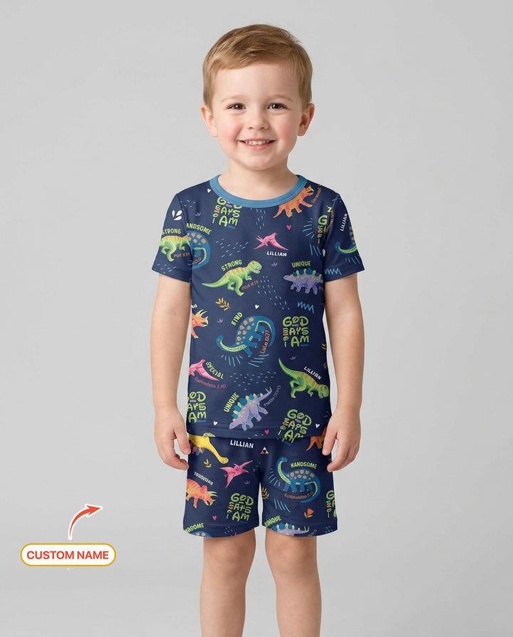 Custom Name God says I am Dinosaur Bamboo Two Piece Short Sleeve Shorts Pyjamas Set