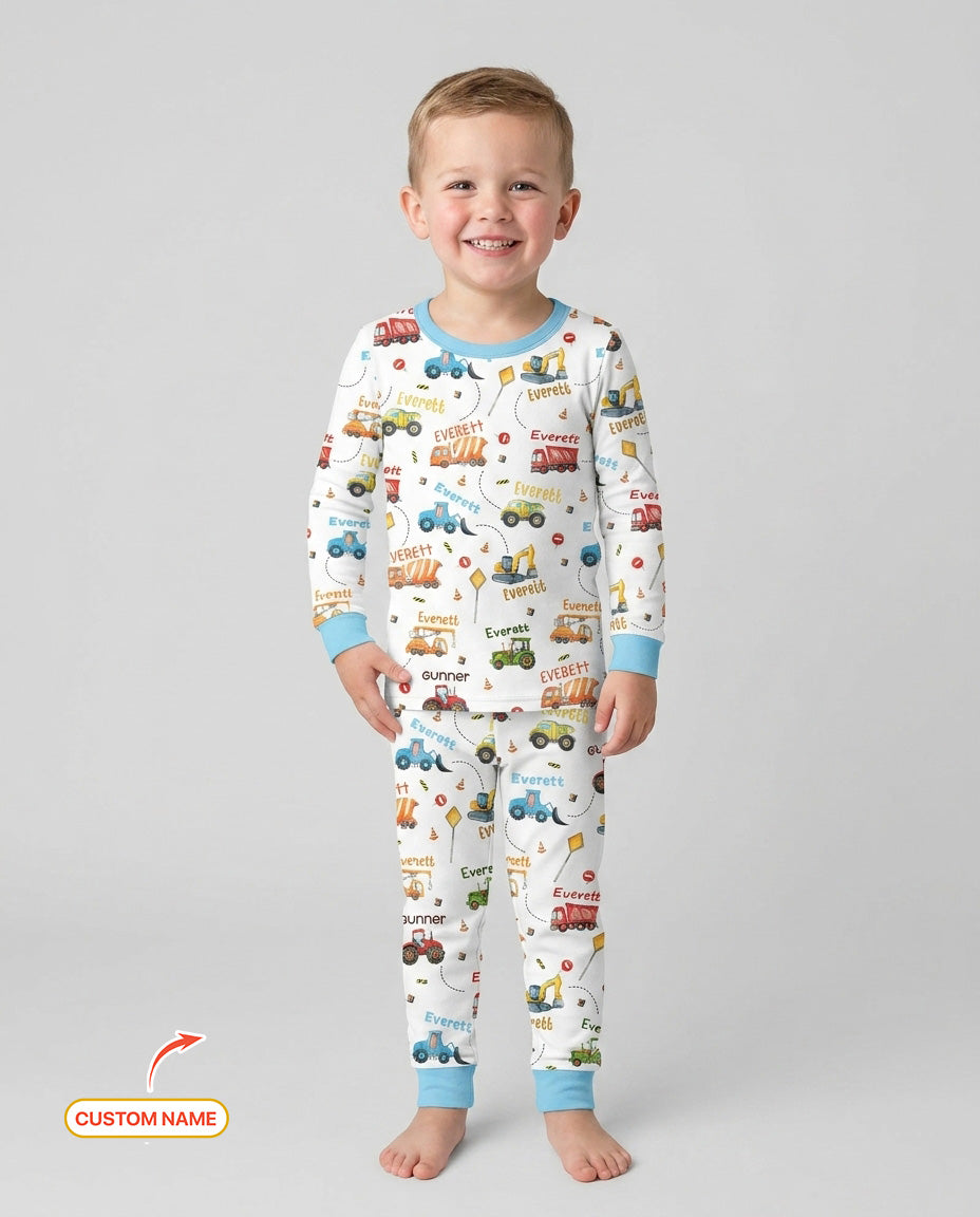 Construction Vehicles Custom Name Bamboo Two Piece Long Sleeve Pyjamas Set