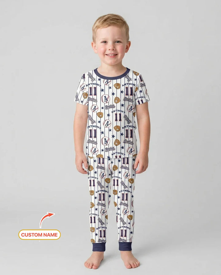 Custom Name Baseball Time Bamboo Two Piece Short Sleeve Pajama Set