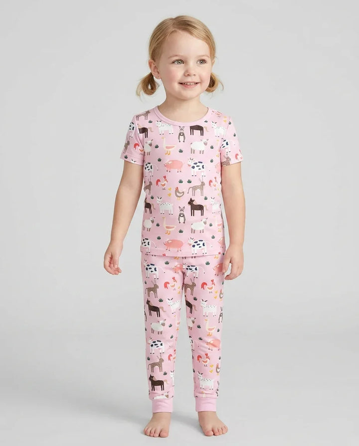 Pink Farm Animals Bamboo Two Piece Short Sleeve Pyjamas Set