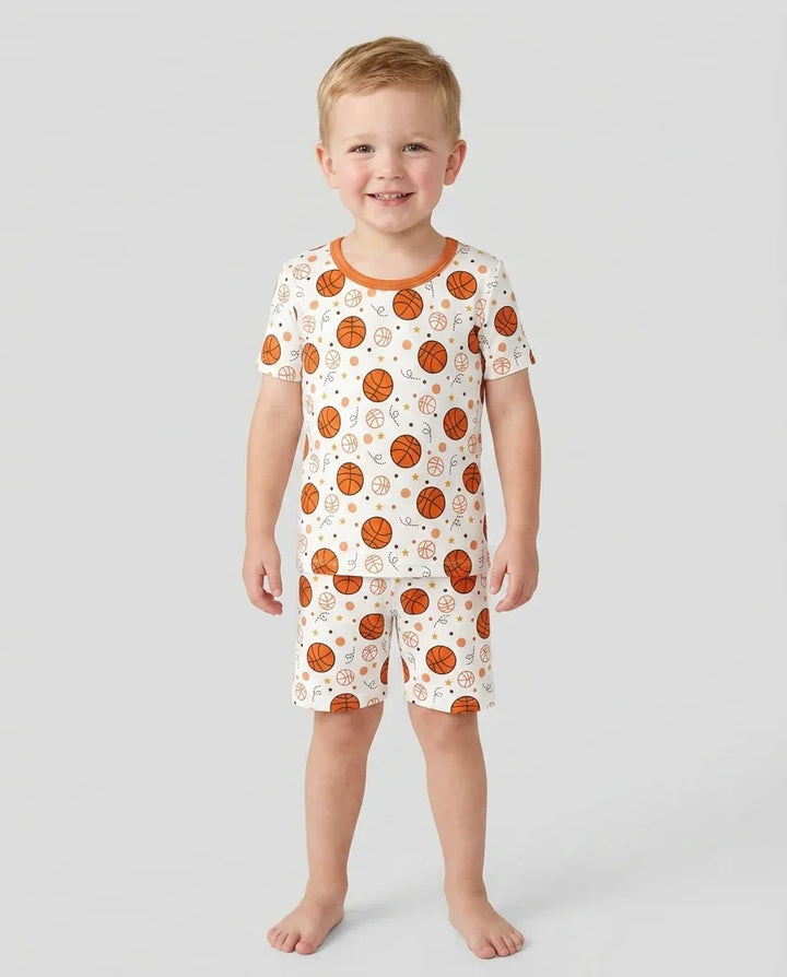 Orange Basketball Bamboo Two Piece Short Sleeve Shorts Pyjamas Set