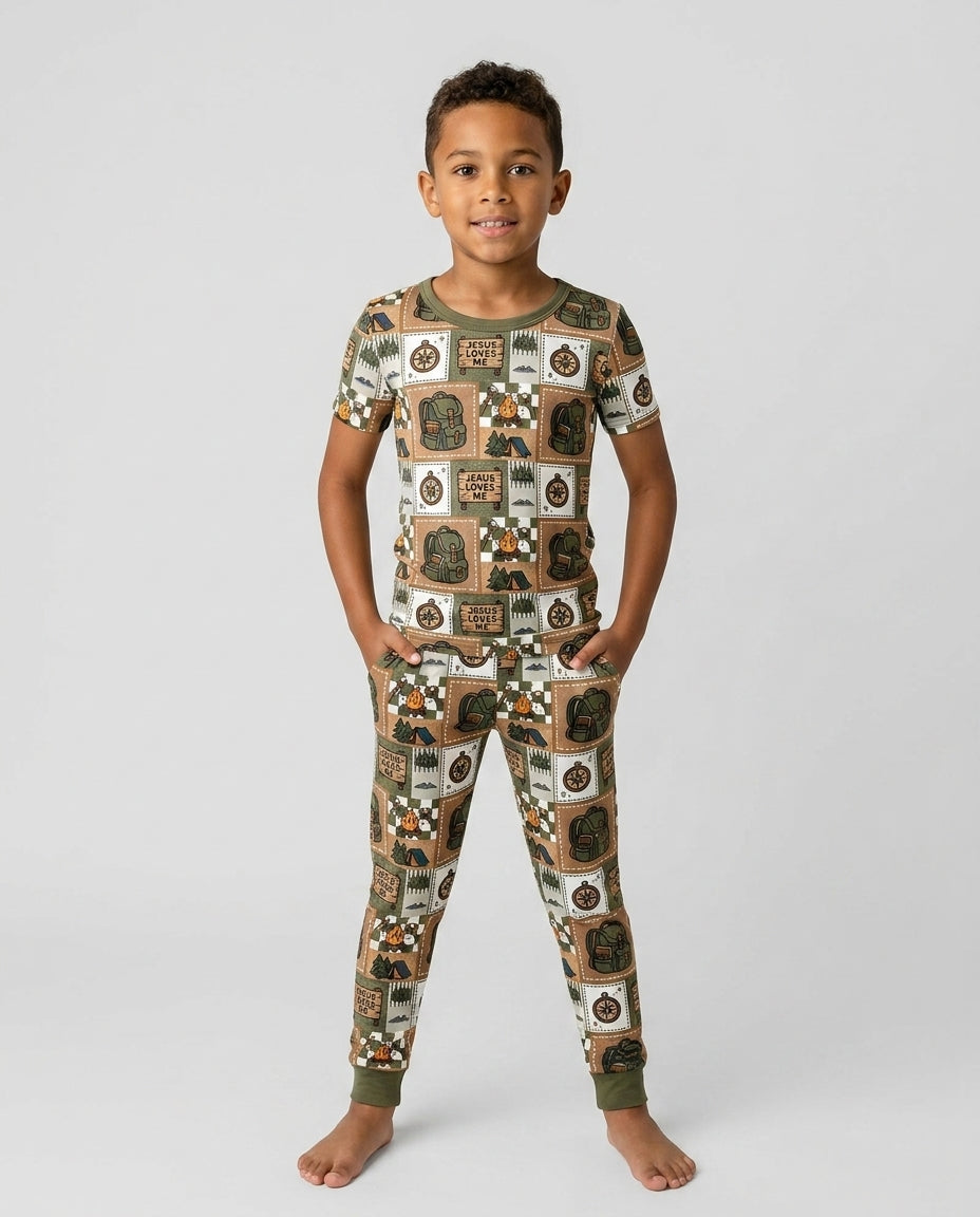 Camping Jesus Loves Me Bamboo Two Piece Short Sleeve Pajama Set