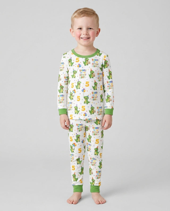 Personalized Dinosaur Birthday Boy Bamboo Two Piece Long Sleeve Pajama Set