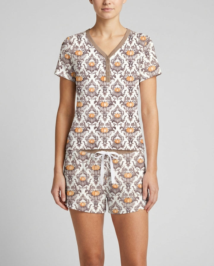 Pumpkin Toile Family Matching Bamboo Women Short Sleeve Short Pajama Set