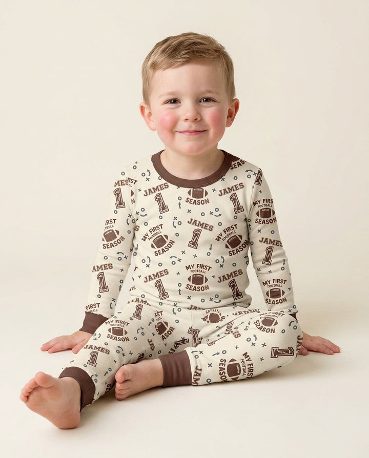 Custom Name My First Football Season Bamboo Two Piece Long Sleeve Pajama Set