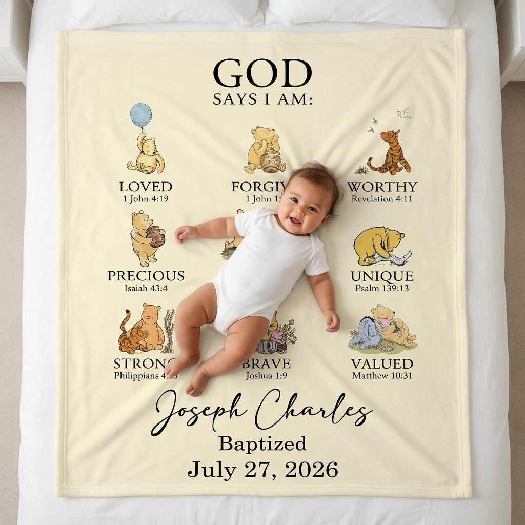 Personalized Baptism Classic Bear Bible Verses Bamboo Blanket
