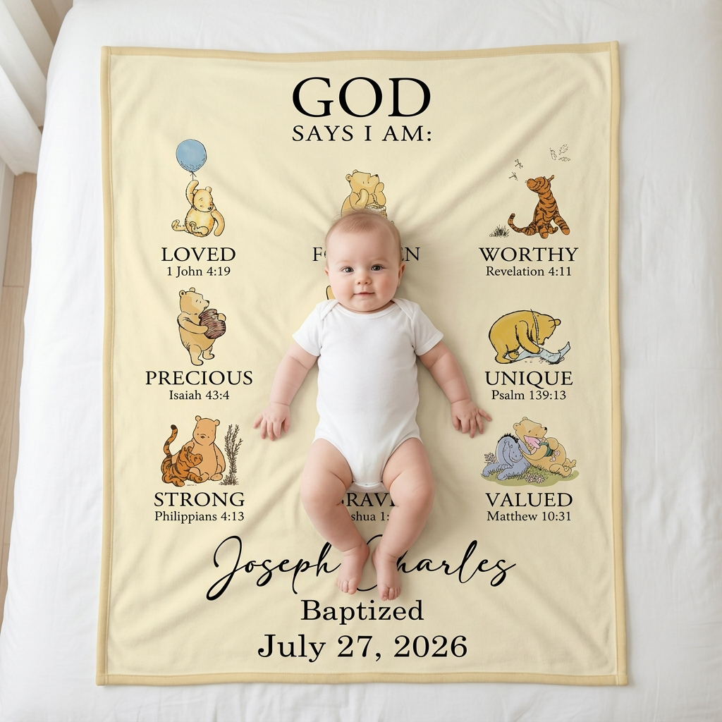 Personalized Baptism Classic Bear Bible Verses Bamboo Blanket