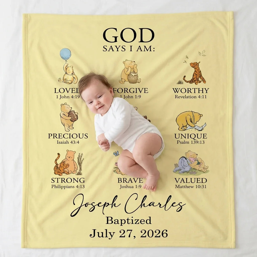 Personalized Baptism Classic Bear Bible Verses Bamboo Blanket